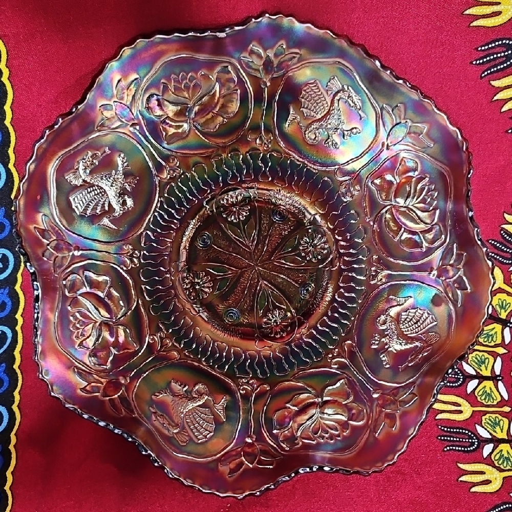 Stunning Antique Fenton Dragon and Lotus Carnival Glass Bowl